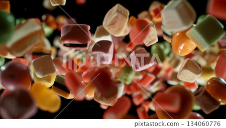 Colorful candies flying in mid-air against a black background. Dynamic macro shot with vibrant colors, shallow depth of field, and motion freeze. Perfect for food, advertising, and creative design. Colorful candies flying in mid-air against a black background. Dynamic macro shot with vibrant colors, shallow depth of field, and motion freeze. Perfect for food, advertising, and creative design. 134060776