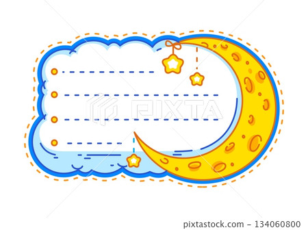 Kids memo note frame with moon and stars in galaxy space sky, vector paper sheet sticker. Kids memo note or message post label with crescent moon and space stars in sky cloud frame for notice pad 134060800
