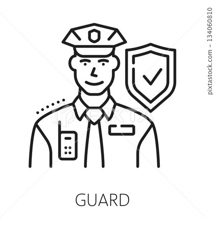 Guarding service home security line icon or symbol. Building protection outline vector pictogram, house security company sign. Property safety icon or home alarm line symbol with policeman character Guarding service home security line icon or symbol. Building protection outline vector pictogram, house security company sign. Property safety icon or home alarm line symbol with policeman character 134060810