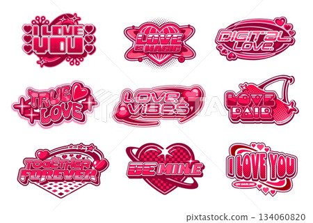 Love Y2K streetwear retro labels or icons. Romantic festive vector sticker, love holiday clothing patch. Saint Valentine streetwear tag with romantic futuristic typography, hearts and cherry berries Love Y2K streetwear retro labels or icons. Romantic festive vector sticker, love holiday clothing patch. Saint Valentine streetwear tag with romantic futuristic typography, hearts and cherry berries 134060820