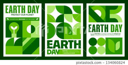 Earth Day posters with geometric pattern to raise awareness for planet nature, vector backgrounds. Earth Day and Protect Our Planet quotes for environment conservation and green ecology protection 134060824