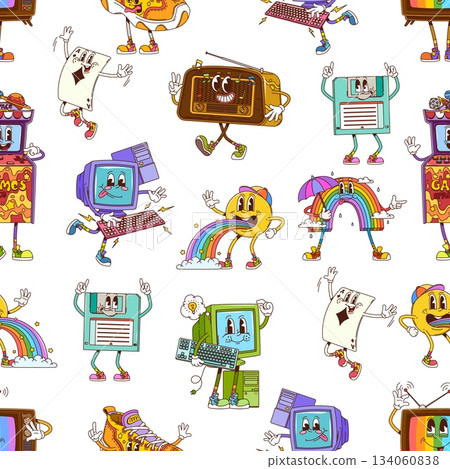 Retro groovy characters seamless pattern with cartoon characters of floppy disk, old monitor, radio, arcade machine, poker ace card and rainbow mascot. Vintage pattern with happy gambling personages 134060838