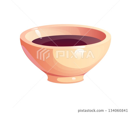 Cartoon soy sauce bowl with dark glossy liquid in a smooth round porcelain container. Vector food ingredient, salty appetizing seasoning for Asian cuisine meals, cooking recipes and seafood restaurant 134060841