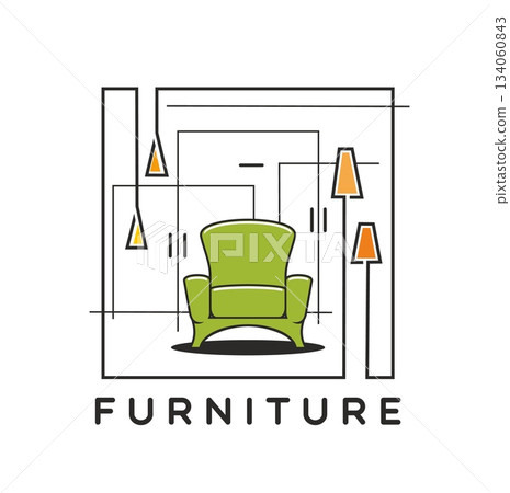 Home interior decor and furniture vector icon. Living room green cushioned armchair and hang pendant lamps with orange shades. Furniture store, decor shop, room interior symbol Home interior decor and furniture vector icon. Living room green cushioned armchair and hang pendant lamps with orange shades. Furniture store, decor shop, room interior symbol 134060843