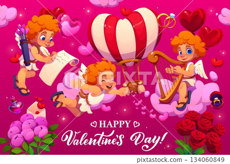 Cartoon funny cherubs flying in sky for Happy Valentine day, vector banner. Happy Valentine day greeting card, cheerful cupid cherubs with arrow and harp on pink clouds with flowers and wedding ring Cartoon funny cherubs flying in sky for Happy Valentine day, vector banner. Happy Valentine day greeting card, cheerful cupid cherubs with arrow and harp on pink clouds with flowers and wedding ring 134060849