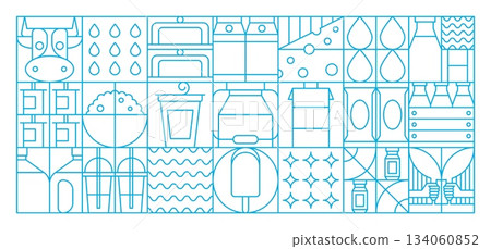Milk and dairy products in abstract geometric pattern of shapes and figures, vector background. Milk food pattern of geometric cow farm and milk bottle, cottage cheese, and ice cream in mosaic design Milk and dairy products in abstract geometric pattern of shapes and figures, vector background. Milk food pattern of geometric cow farm and milk bottle, cottage cheese, and ice cream in mosaic design 134060852