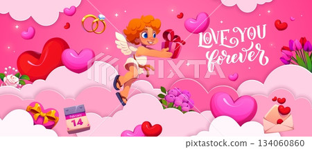 Valentine day paper cut banner with love you forever quote, cartoon vector. Cheerful cupid cherub or angel with love gifts and flowers in paper cut clouds sky for Valentine day holiday greeting card Valentine day paper cut banner with love you forever quote, cartoon vector. Cheerful cupid cherub or angel with love gifts and flowers in paper cut clouds sky for Valentine day holiday greeting card 134060860