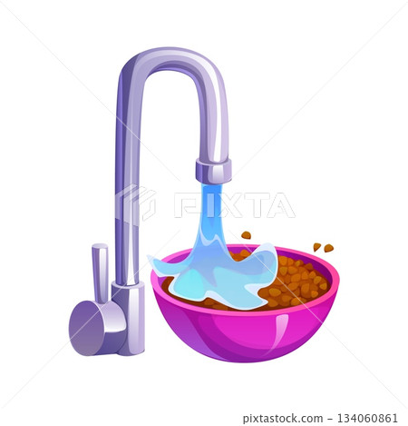 Cartoon dry buckwheat being poured from sink tap into a pink vector bowl with water stream, depicting the process of rinsing grains before cooking as part of food preparation in a kitchen environment 134060861