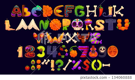 Dead Day font, cartoon Dia de los Muertos typeface, mexican religious type, holiday alphabet. Vector Day of the Dead font letters and numbers set of sugar skull, marigold flowers, guitar and sombrero Dead Day font, cartoon Dia de los Muertos typeface, mexican religious type, holiday alphabet. Vector Day of the Dead font letters and numbers set of sugar skull, marigold flowers, guitar and sombrero 134060888