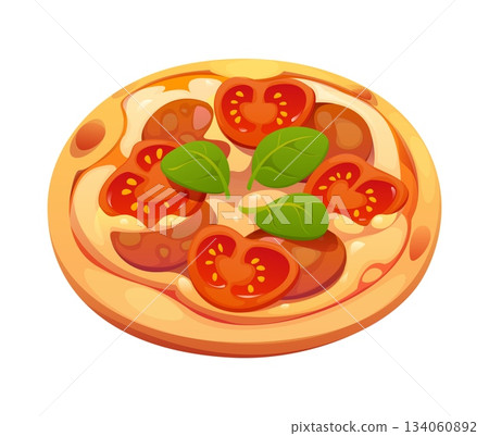 Cartoon pizza of fast food or pizzeria takeaway meals, vector icon. Italian cuisine and fast food restaurant cartoon pizza with salami, pepperoni, tomato or cheese and basil for pizzeria delivery menu 134060892