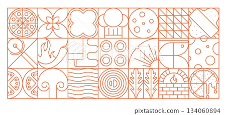 Abstract geometric pizza pattern of line shapes and figures, vector background. Pizza pattern with ingredients in geometric shapes of cheese, sausage and mushrooms in trendy mosaic for pizzeria design Abstract geometric pizza pattern of line shapes and figures, vector background. Pizza pattern with ingredients in geometric shapes of cheese, sausage and mushrooms in trendy mosaic for pizzeria design 134060894