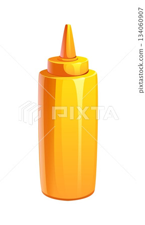 Cartoon fast food mustard sauce bottle, condiment packaging a cylindrical yellow bottle with narrow spout. Vector dijon, honey or American mustard for hot dogs, salad and barbecue Cartoon fast food mustard sauce bottle, condiment packaging a cylindrical yellow bottle with narrow spout. Vector dijon, honey or American mustard for hot dogs, salad and barbecue 134060907