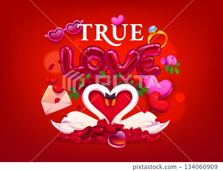 Valentine day greeting card quote True Love with heart of swans in love, vector background. Valentine day or love holiday greeting card with love message envelope, heart balloons and flowers petals Valentine day greeting card quote True Love with heart of swans in love, vector background. Valentine day or love holiday greeting card with love message envelope, heart balloons and flowers petals 134060909