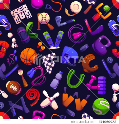 Cartoon sport font, athletic typeface letters in vector seamless pattern. Sport equipment letters of basketball, boxing gloves, helmet, tennis ball or racket, ski and football, baseball bats and golf Cartoon sport font, athletic typeface letters in vector seamless pattern. Sport equipment letters of basketball, boxing gloves, helmet, tennis ball or racket, ski and football, baseball bats and golf 134060928