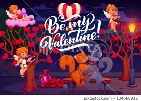 Valentine Day greetings with cupid cherubs and cats on love date, vector poster. Valentine day holiday greeting card with funny cats in love sitting on bench and hugging in night park with cupids 134060939