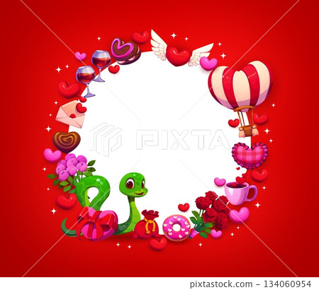 Happy Valentine day round frame banner with snake, hearts and flowers, cartoon vector. Valentine day holiday frame of heart balloons and cakes with coffee, rose flowers and snake with wine and donut Happy Valentine day round frame banner with snake, hearts and flowers, cartoon vector. Valentine day holiday frame of heart balloons and cakes with coffee, rose flowers and snake with wine and donut 134060954