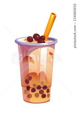 Cartoon milk bubble tea drink in glass with creamy liquid. Vector sweet beverage with black tapioca pearls and straw. Asian dessert in transparent takeaway cup with layered texture and whipped cream Cartoon milk bubble tea drink in glass with creamy liquid. Vector sweet beverage with black tapioca pearls and straw. Asian dessert in transparent takeaway cup with layered texture and whipped cream 134060958