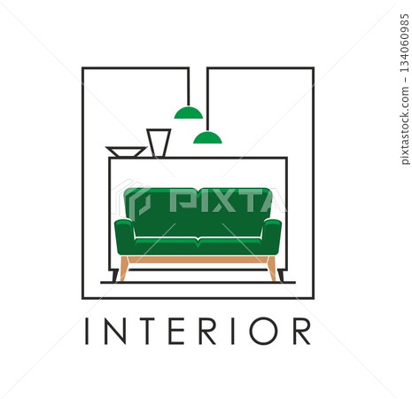 Home interior decor and furniture emblem vector icon. Cozy living room interior with green couch sofa, decorative lamps and minimalist wall art. Comfort, elegance and contemporary furniture symbol 134060985