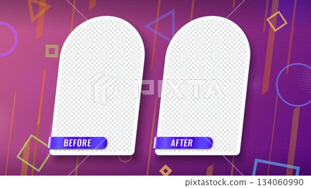 Before and after frame vector template, comparison and competition versus banner. Modern comparison frame with two rounded screen panels showing a side by side layout for before and after images 134060990