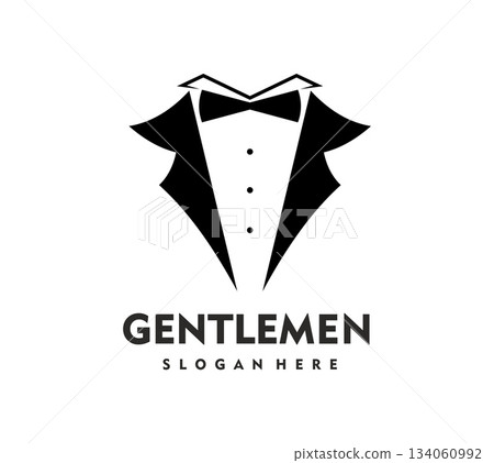 Tuxedo icon, gentleman suit atelier emblem. Man tuxedo luxury atelier vector badge, groom suit shop symbol. Dandy garment fashion icon, gentleman club or apparel brand emblem 134060992