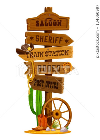 Western sign board, Wild West wooden signage signboard. Texas ranch wooden vector signpost, Wild West signboard. Western road banners with saloon, sheriff, train station and post office pointers Western sign board, Wild West wooden signage signboard. Texas ranch wooden vector signpost, Wild West signboard. Western road banners with saloon, sheriff, train station and post office pointers 134060997