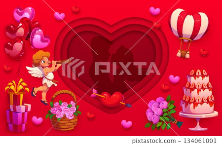 Valentine day paper cut greeting card with cupid and couple silhouette in heart, vector poster. Valentine day holiday greeting card with paper cut heart, wedding cake and flowers with heart balloons Valentine day paper cut greeting card with cupid and couple silhouette in heart, vector poster. Valentine day holiday greeting card with paper cut heart, wedding cake and flowers with heart balloons 134061001