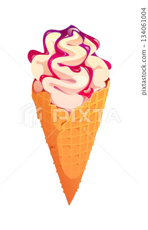 cartoon ice cream wafer cone of fast food sweet dessert or gelato, vector icon. Italian gelateria soft ice cream with fruit or berry syrup in wafer cone for frozen dessert takeaway menu cartoon ice cream wafer cone of fast food sweet dessert or gelato, vector icon. Italian gelateria soft ice cream with fruit or berry syrup in wafer cone for frozen dessert takeaway menu 134061004