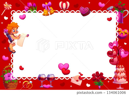 Valentine day greeting card frame with hearts, cupids and balloons for love holiday, vector poster. Valentine day greeting card with frame of cupid angel, heart candy and wedding cake with flowers 134061006
