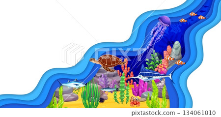 Paper cut underwater landscape with sea animals and fishes of coral reef, vector poster. Paper cut underwater landscape with cartoon funny crab character, turtle and jellyfish with tuna in seaweeds 134061010