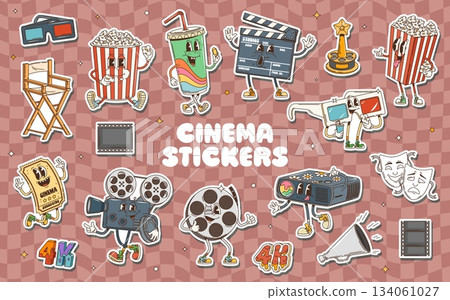 Movie cinema groovy characters stickers. Cinematography and cinema entertainment groovy vector stickers with popcorn, soda drink, clapper, award and 3d glasses, ticket, projector, film reel personages Movie cinema groovy characters stickers. Cinematography and cinema entertainment groovy vector stickers with popcorn, soda drink, clapper, award and 3d glasses, ticket, projector, film reel personages 134061027