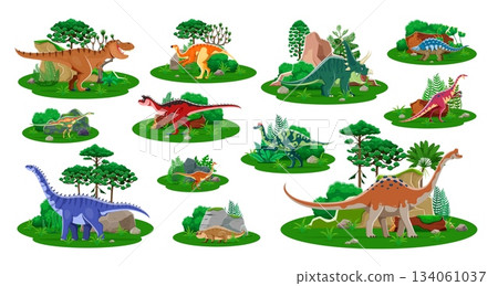 Prehistoric dinosaur cartoon characters. Vector set of animal Jurassic nature landscapes. Ancient reptile species on green forest backgrounds. Funny wild creatures spikes, horns, long necks and tails Prehistoric dinosaur cartoon characters. Vector set of animal Jurassic nature landscapes. Ancient reptile species on green forest backgrounds. Funny wild creatures spikes, horns, long necks and tails 134061037