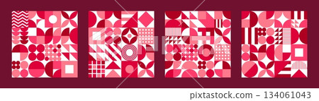 Abstract geometric valentine Bauhaus shape patterns. Bauhaus shapes vector pattern, Valentine's day holiday backdrop. Romantic celebration print with red, pink and white geometric abstract shapes 134061043