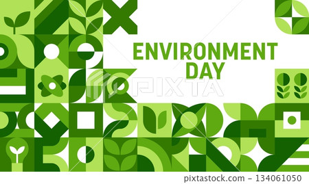 Environment Day abstract geometric poster for ecology and nature protection, vector background. Environment day for green planet conservation and sustainability with geometric leaves and lightbulbs 134061050