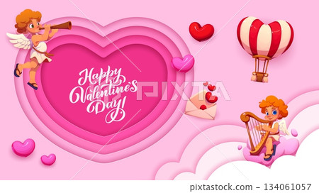 Paper cut Valentine day love heart and cartoon cherub characters, vector greeting card. Happy Valentine day or love holiday paper cut heart with love message and cupid angels on cloud playing harp Paper cut Valentine day love heart and cartoon cherub characters, vector greeting card. Happy Valentine day or love holiday paper cut heart with love message and cupid angels on cloud playing harp 134061057