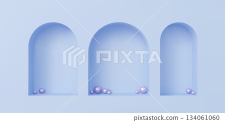 Blue wall with 3D niches in arch shape with shadows for gallery display, realistic vector. Arc niche inside of blue wall with pearl balls in frame box for exhibition showcase or boutique shop display 134061060