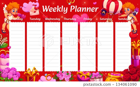 Weekly planner schedule with cherubs and holiday gifts. Romantic festive vector agenda, Saint Valentine holiday daily schedule. Romance week planner with cupid cartoon characters, presents and flowers Weekly planner schedule with cherubs and holiday gifts. Romantic festive vector agenda, Saint Valentine holiday daily schedule. Romance week planner with cupid cartoon characters, presents and flowers 134061090