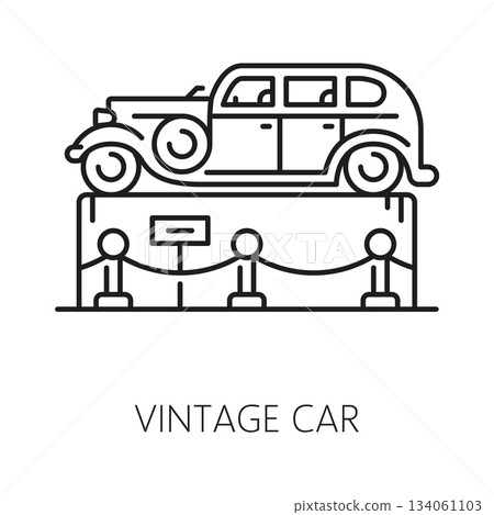 Vintage car museum exhibition line icon or pictogram. Transport history museum exhibition outline icon, vintage automobiles collection gallery line symbol with retro auto or vehicle on podium Vintage car museum exhibition line icon or pictogram. Transport history museum exhibition outline icon, vintage automobiles collection gallery line symbol with retro auto or vehicle on podium 134061103