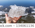 Hand holding clear ice piece over shimmering water surface 134061136
