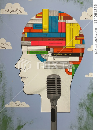 Collage of head silhouette of books, knowledge through reading, speaking wisdom - ai generated 134061236