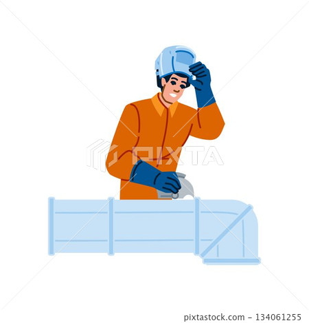 Worker repairing industrial pipeline wearing safety helmet 134061255