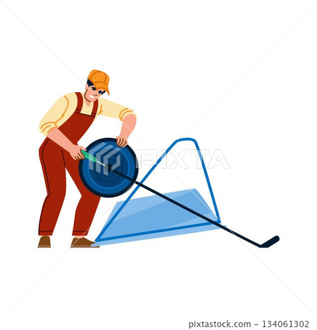 farmer repairs a wheeled cart 134061302