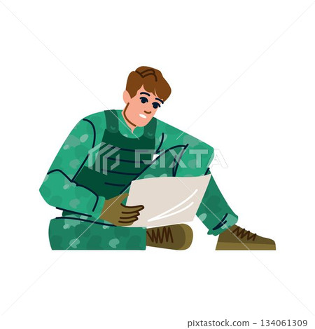 Soldier sitting on ground reading private letter home Soldier sitting on ground reading private letter home 134061309