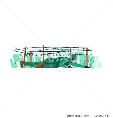 Soldier crawling under barbed wire obstacle course 134061310