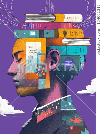 Collage of head silhouette of books, knowledge through reading, speaking wisdom - ai generated 134061315