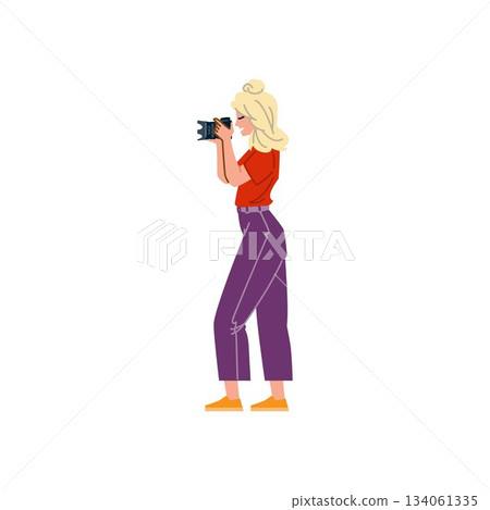 Young woman taking picture with camera hobby 134061335