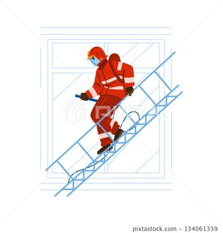Firefighter climbing ladder doing rescue operation 134061339