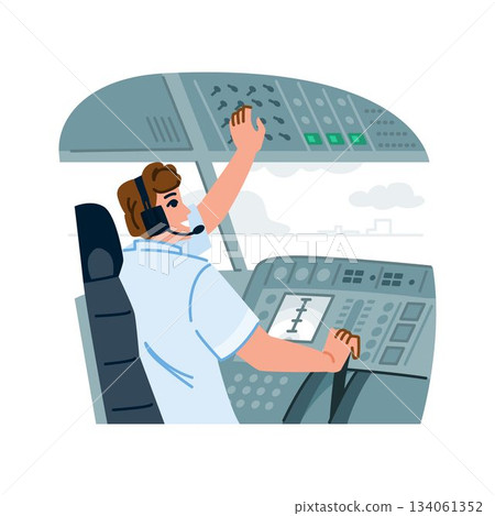 Pilot flying commercial airplane in cockpit using controls 134061352