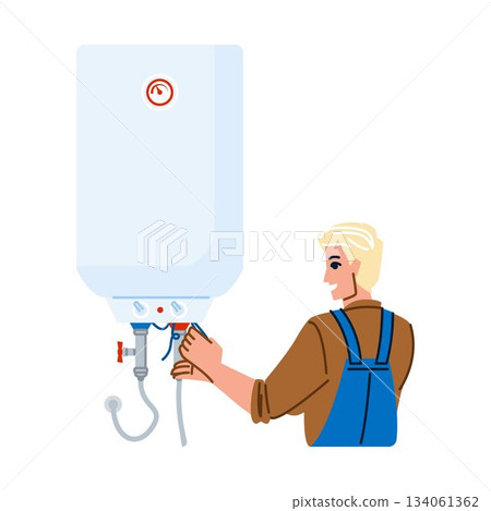 Plumber installing water heater system in house 134061362