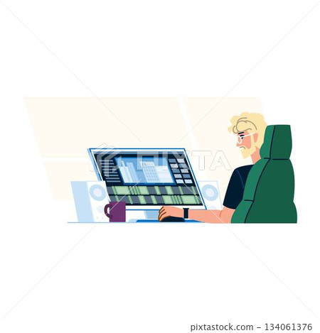 Man working on video editing software timeline Man working on video editing software timeline 134061376