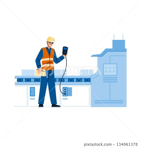 Factory worker operating machinery on conveyor belt system Factory worker operating machinery on conveyor belt system 134061378